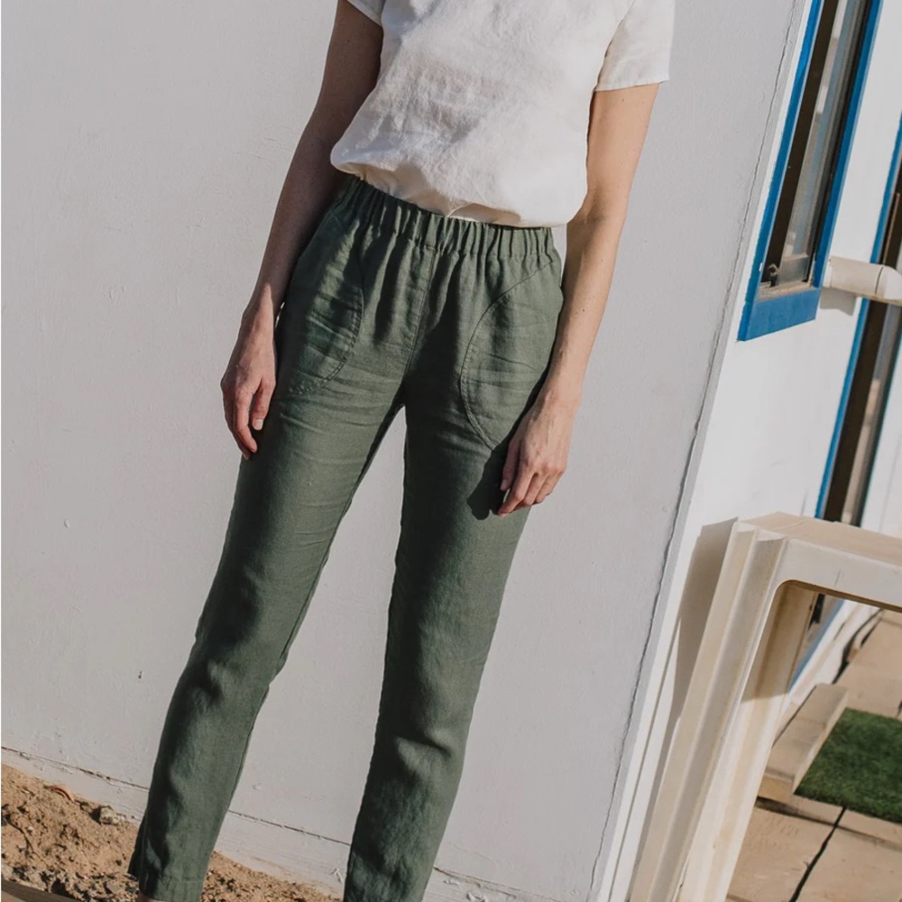 notPERFECTLINEN EGGPLANT Genova tapered linen pants size large